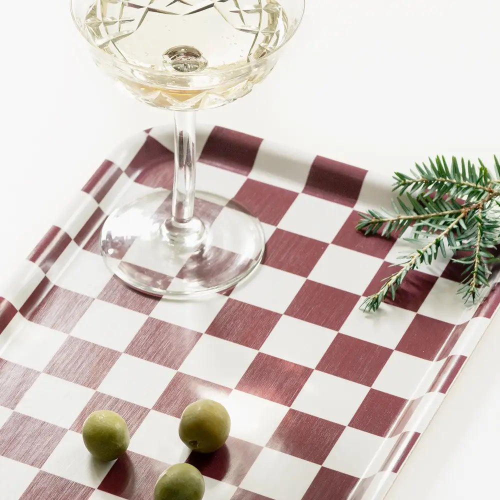 Tablett 'Checker Rectangular' Burgundy/Cream